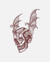 illustration of a fantastical skull, merging human and bat-like features. The skull is adorned with leathery bat wings sprouting from its temples, and a human femur rests beside it. vector