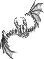A gothic chimeric skeleton, its fist clenched, spine arched, and bat wings outstretched, casting a long shadow. vector