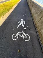 A close-up of a pavement showing white markings for pedestrians and cyclists. The markings clearly designate a shared path for walking and cycling, seen on an asphalt surface with scattered autumn photo