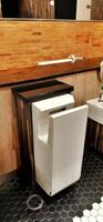 Electric jet towel hand dryer with sensor. Modern vertical hand dryer in public restroom mall. Jakarta, Indonesia - April 17 2024 photo