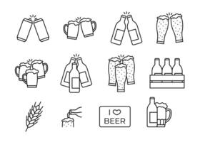 Beer in glass mug and bottle, pint alcohol with foam, line icon set. Cold relax alcoholic drink on holiday, clink glass in bar. Minimal simple design sign vector