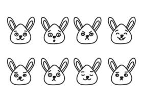 Hare, bunny head different facial expressions, line doodle character set. Hand drawn outline emotion on rabbit face. Happy, angry, sad and other mood illustration vector
