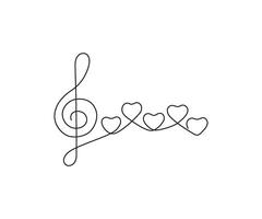 Music note in form heart and treble clef, continuous one art line drawing. Music is love concept. Hand drawn doodle sketch illustration vector