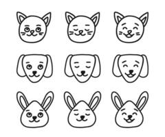 Cat, dog and rabbit head happy smile facial expressions, line doodle character set. Hand drawn outline emotion on animal face. Happy mood. illustration vector