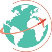 A plane flying around the earth with a red line vector