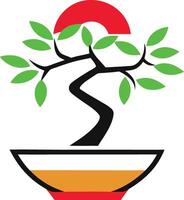 A bonsai tree in a bowl with a red and black leaf vector