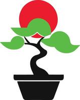 A bonsai tree in a pot with a red sun vector
