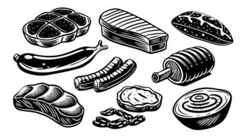 Gastronomic meat products sketches set vector