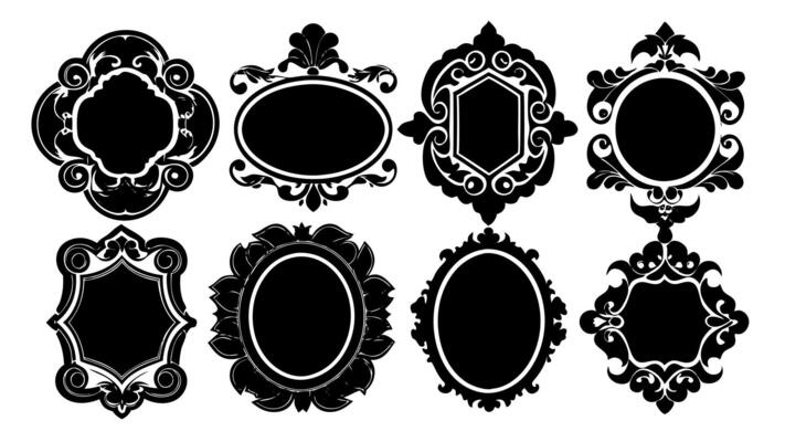 Large set of black silhouette frames or cartouches for badges in ornate classical curved and rounded symmetrical designs and shapes