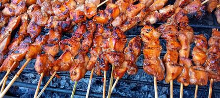 Chicken skewers on a grill photo