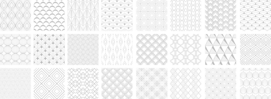 Collection of art deco seamless ornamental geometric patterns - delicate design. Repeatable oriental elegant backgrounds. White and gray outline prints