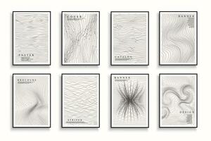 Collection of abstract artwork striped covers, templates, backgrounds, placards, brochures, banners, flyers. Monochrome creative minimalistic posters with curve lines texture. Contemporary design vector