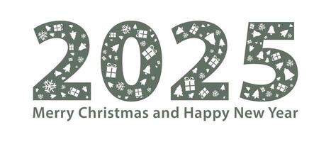 2025 merry christmas and happy new year text with snowflake bell gift vector