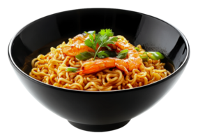 Shrimp noodles with garnish in a bowl png