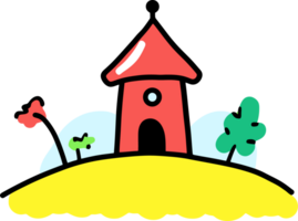 Colorful Cartoon House on a Hill with Trees and Cloudy Sky in the Background png