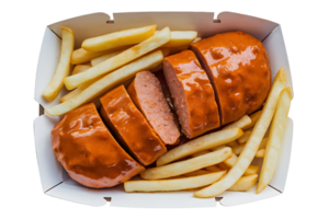 takeaway box filled with french fries and a sliced sauced sausage isolated on transparent background png