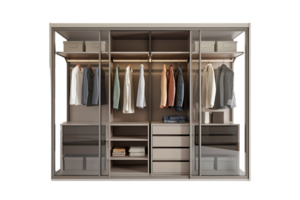 contemporary wardrobe with sliding glass doors showcases an organized system of hanging clothes and shelves isolated on transparent background png