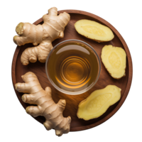 cup of ginger tea accompanied by fresh ginger root and slices isolated on transparent background png