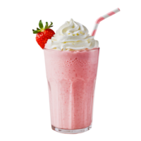 strawberry milkshake topped with whipped cream and a straw isolated on transparent background png