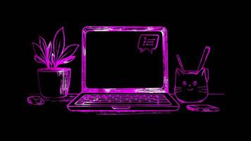Neon frame effect, Laptop with chat window on black background video
