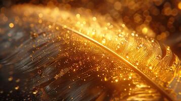 Golden feather with water droplets on it photo
