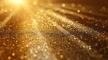 Golden light shining through rain drops on a wet surface photo
