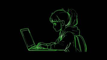 Neon frame effect, woman working hard at computer on black background video