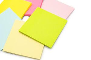 Blank colorful sticky note isolated on white background. Copy space. photo