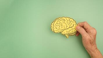 Hand holding a brain shape made from paper on a green background photo