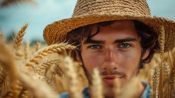 A young farmer, age , wears a classic farmers hat and bites on a wheat stalk, exuding rural charm and authenticity. photo