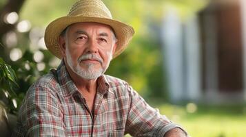 A cheerful old man in a straw hat enjoys a sunny day in his backyard, dressed in a comfy plaid shirt and denim pants. photo