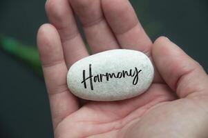 Hand holding Zen stone with Harmony text engraved on the stone. Life harmony concept. photo