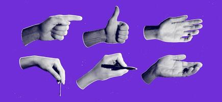 Set of halftone images of hands. Pop art retro style illustration vector