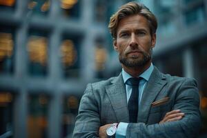 Confident businessman standing in front of office building. Success, confidence, and leadership concept photo