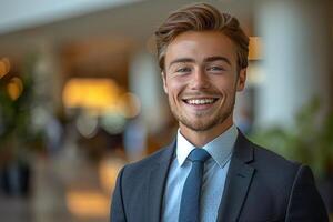 Smiling businessman in a suit with a white shirt and blue tie, Portrait shot photo