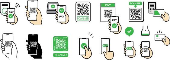 Set of icons for cashless payments and smartphone payments such as electronic money, QR code, hand payment, electronic payment vector