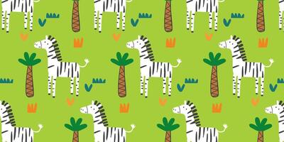 pattern design for kids fashion with cute zebra and tree drawing. illustration. vector