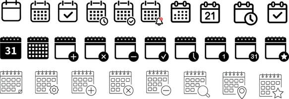 Calendar icon set. Containing date, schedule, month, week, appointment, agenda, organization and event icons. illustration vector