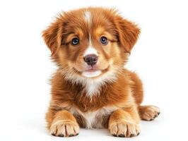Cute Puppy with Brown and White Fur Looking Up with Big Blue Eyes Isolated on White Background photo