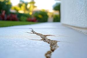 Closeup of a large crack in concrete, a sign of structural damage and foundation problems photo