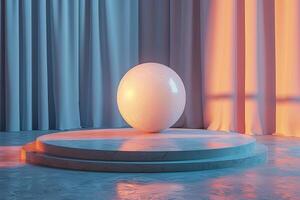 Abstract Minimalist Product Display with White Sphere on Podium and Blue Curtains photo