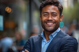 Smiling businessman portrait, successful and confident male professional with arms crossed photo