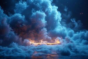 Abstract night sky with glowing clouds and reflection in water, fantasy digital art photo