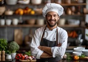 Smiling Chef with Arms Crossed in a Kitchen photo