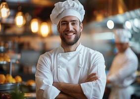 Smiling Chef with Arms Crossed in Professional Kitchen, Restaurant Staff, Culinary Concept photo