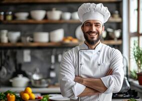 Smiling Chef in a White Chef's Hat and Uniform in a Kitchen Setting photo
