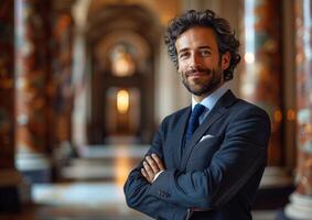 Confident businessman in suit with arms crossed standing in elegant hall. photo