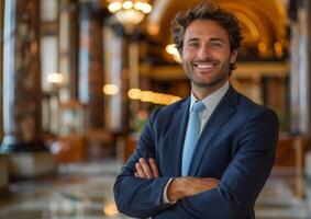 Portrait of a Confident Businessman in a Suit with Arms Crossed in a Modern Office Lobby photo