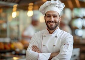 Smiling Chef with arms crossed, wearing white chef's uniform, toque, in a restaurant kitchen photo