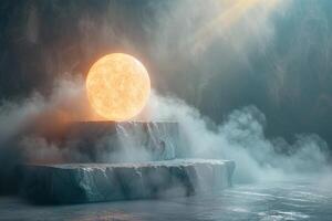 Surreal Abstract Moon in Misty Landscape with Glowing Light photo